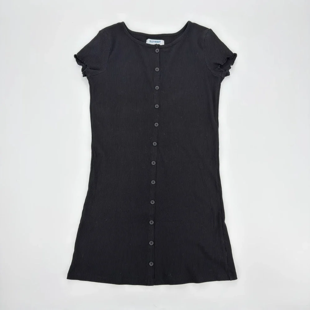 Old Navy Girls Black Ribbed Button Front Short Sleeve Dress Size L 10-12